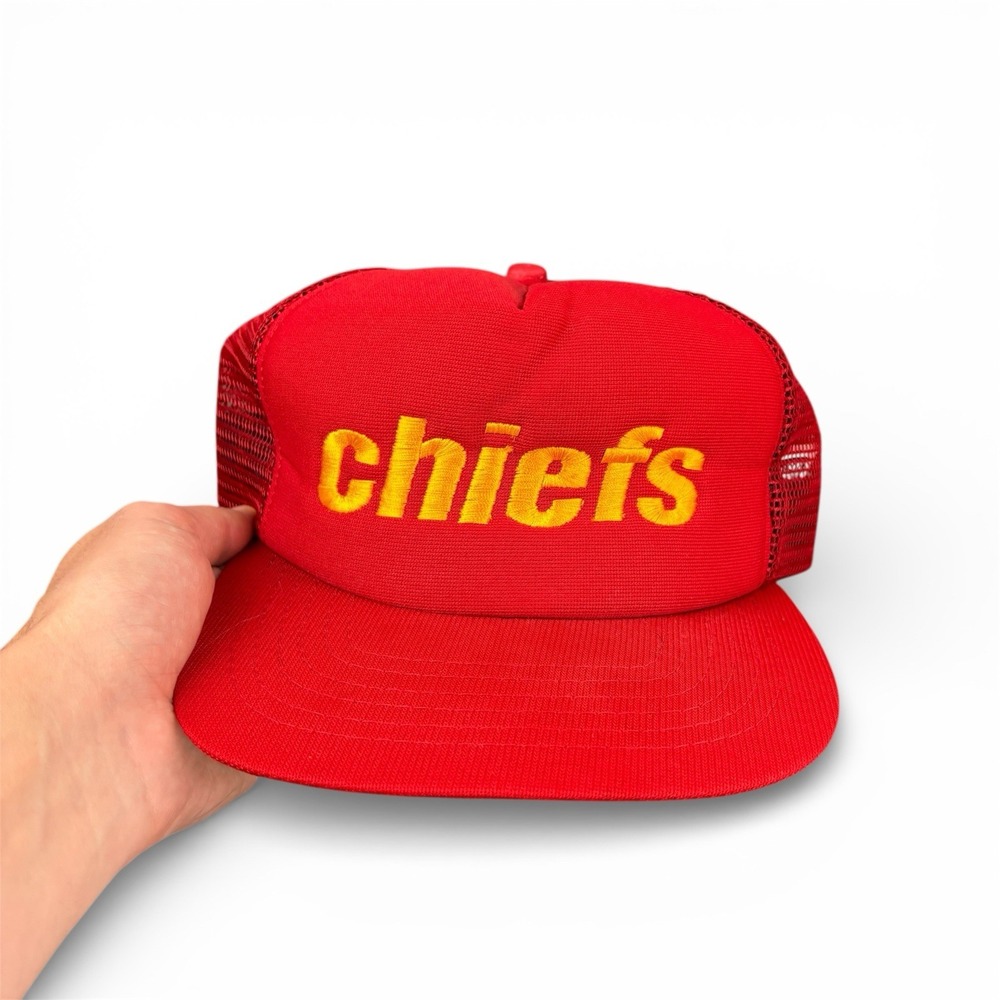 Vintage 80s New Era Kansas City Chiefs Mesh Trucker Hat Cap Embroidered Spellout